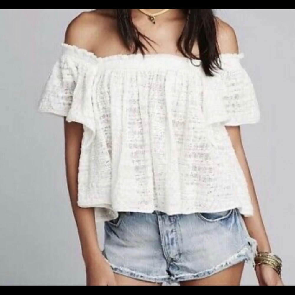 Free People NEW Thrills & Frills Cropped Festival Off  Shoulder Top Knit Nuetral
